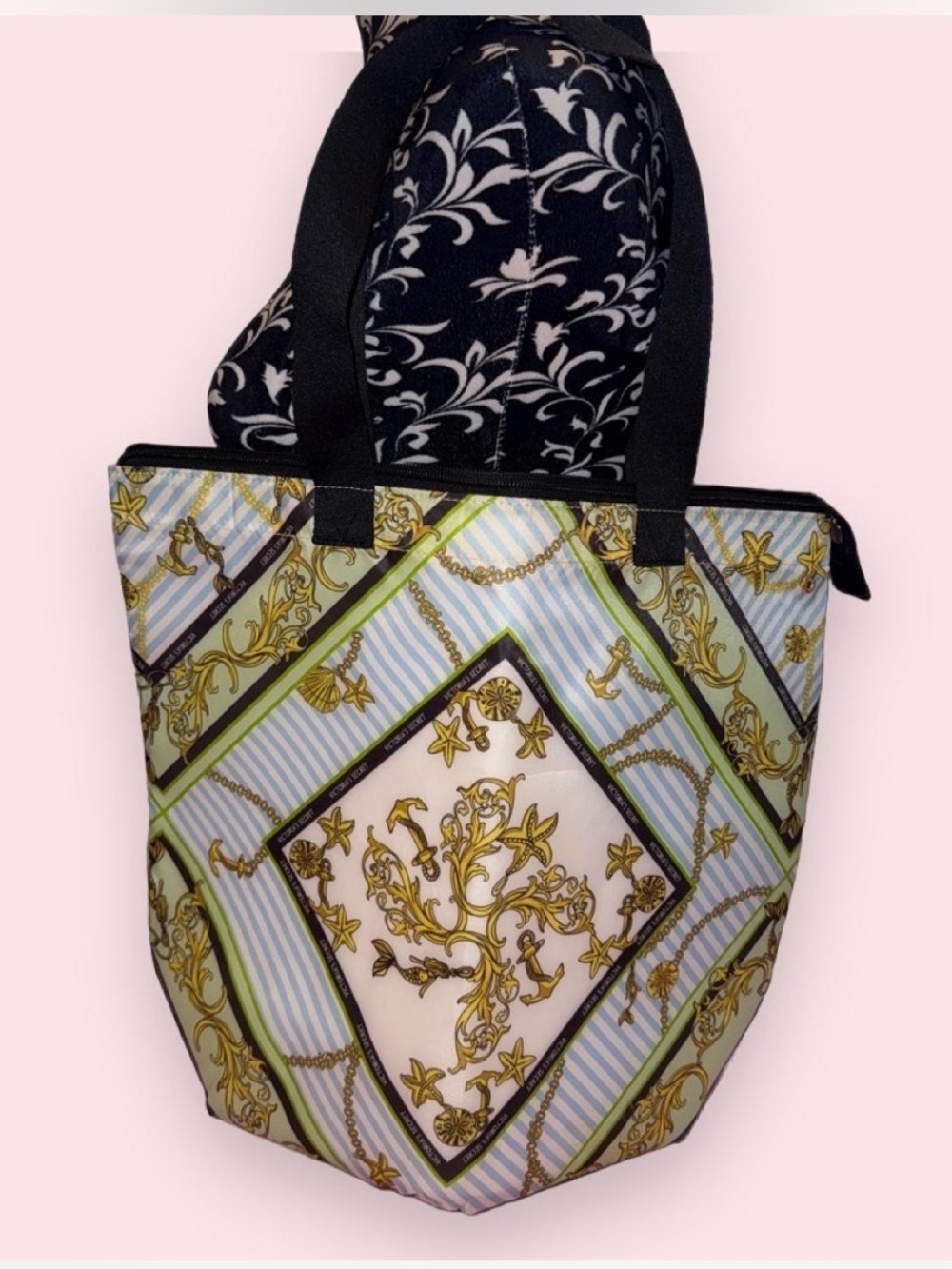 Victorias Secret Printed Scarf-Pattern Tote Bag in Pastel Green and Gold
